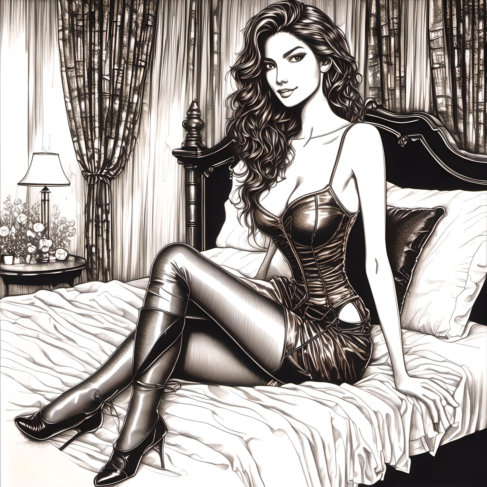 Pencil Sketch of Woman in Corset Dress