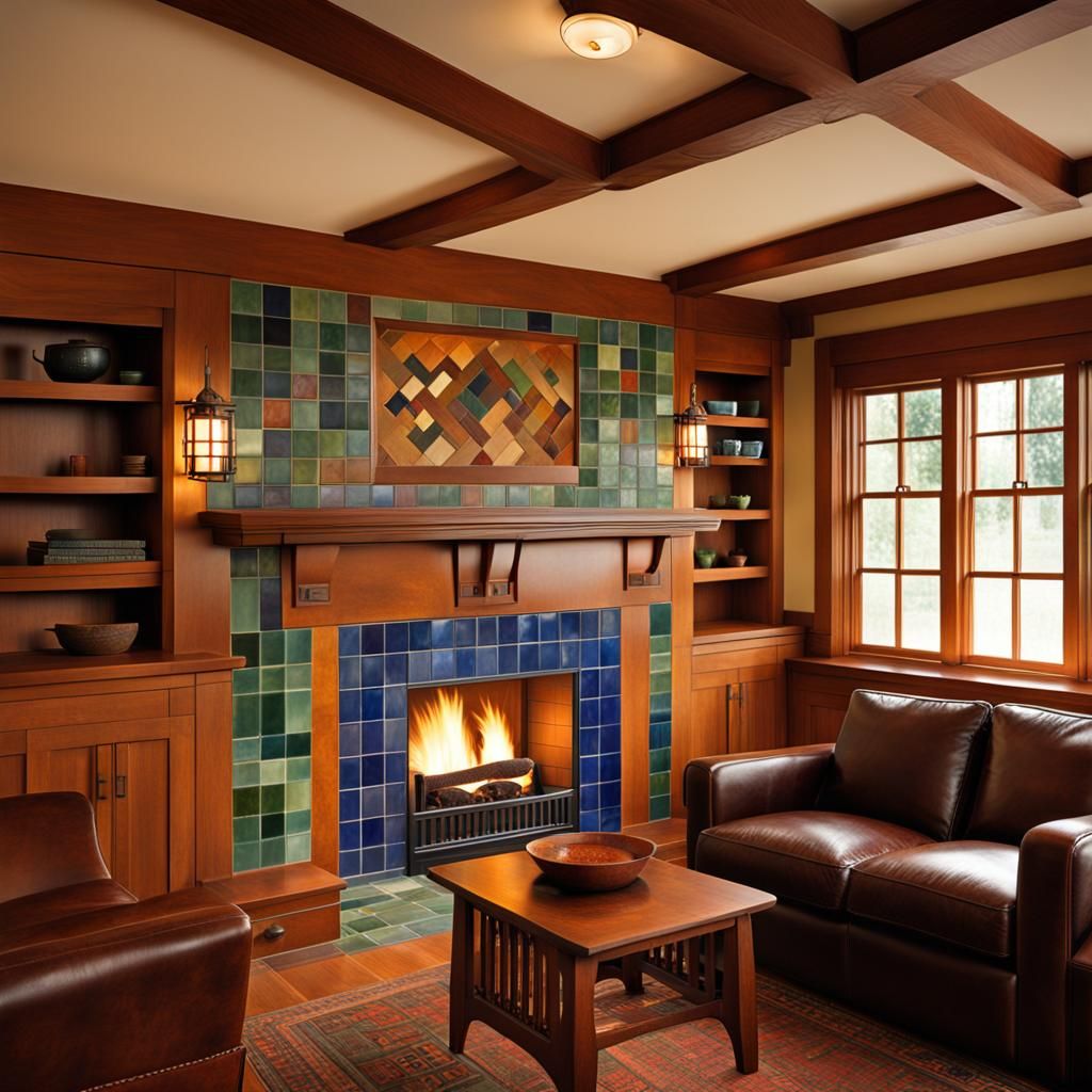 Craftsman Living Room with Pewabic Tile Fireplace