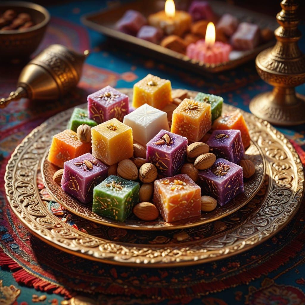 Colorful Turkish Delight Still Life with Golden Accents