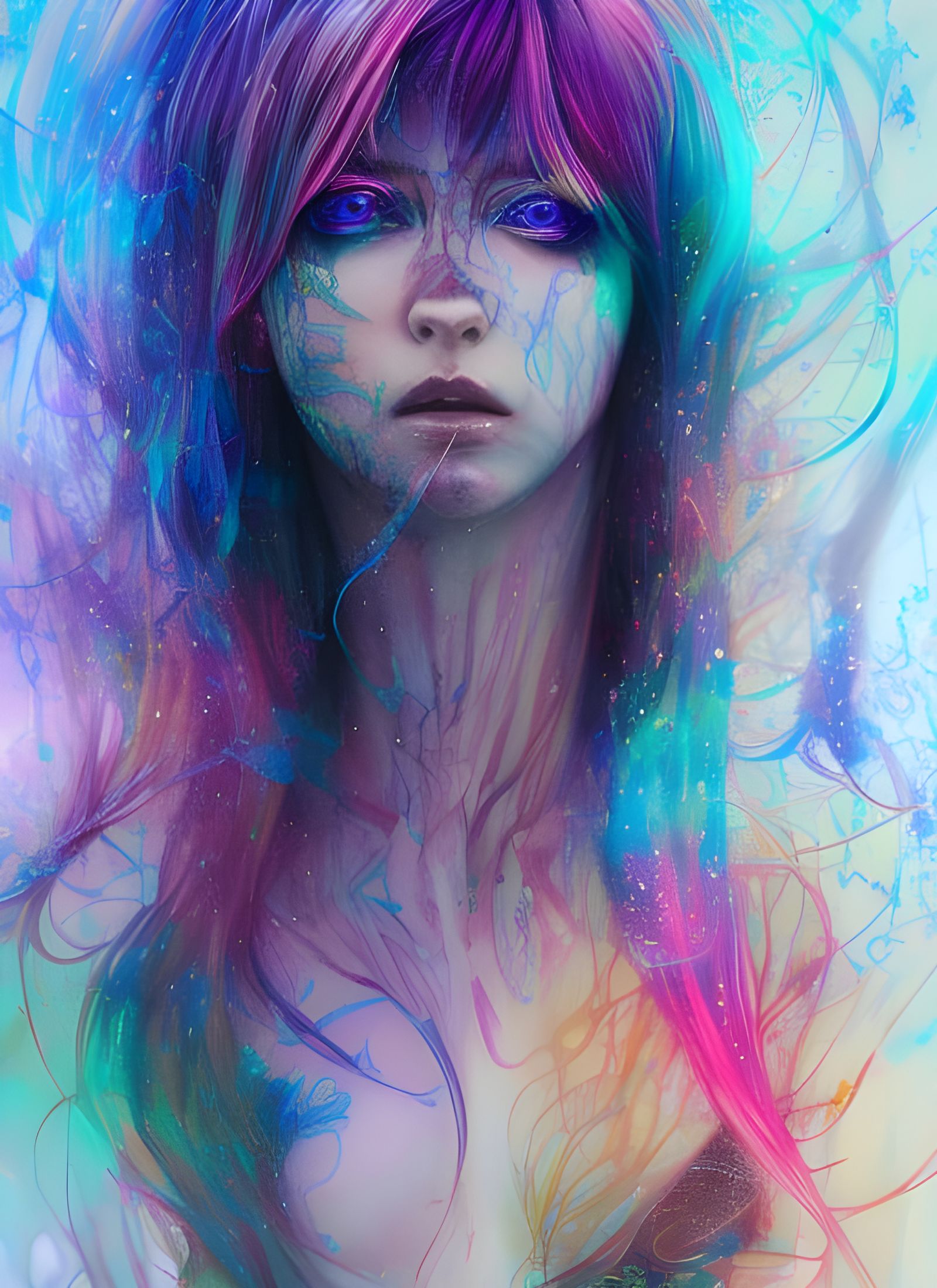 Neon Rainbow Goddess Portrait in Digital Illustration
