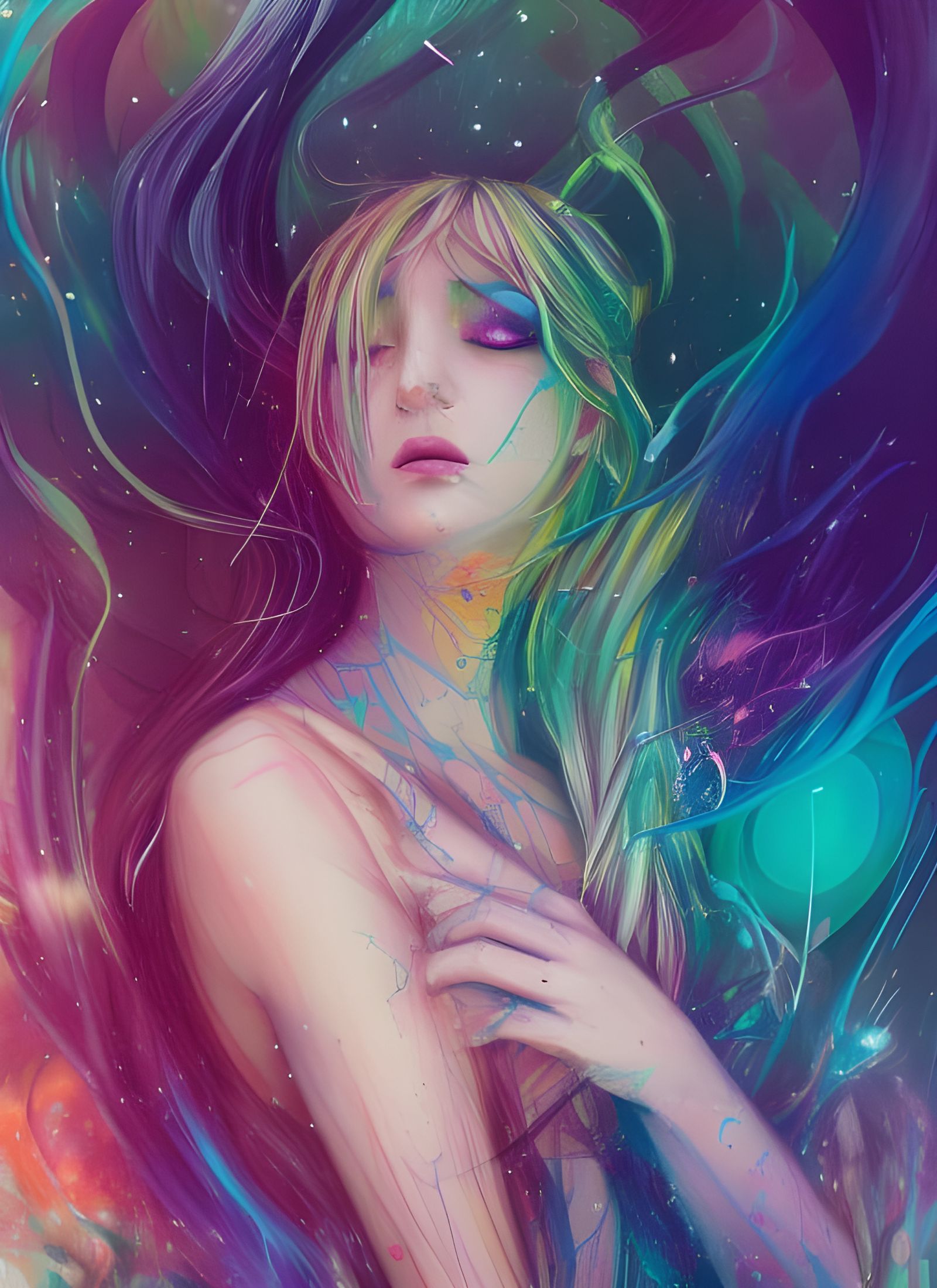 Neon Rainbow Goddess Portrait in Hyper-Realistic Style