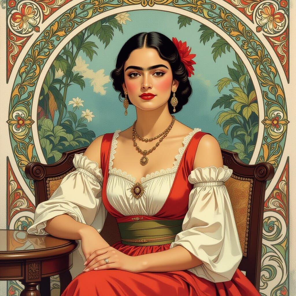 Elegant Woman Portrait in Alphonse Mucha Style