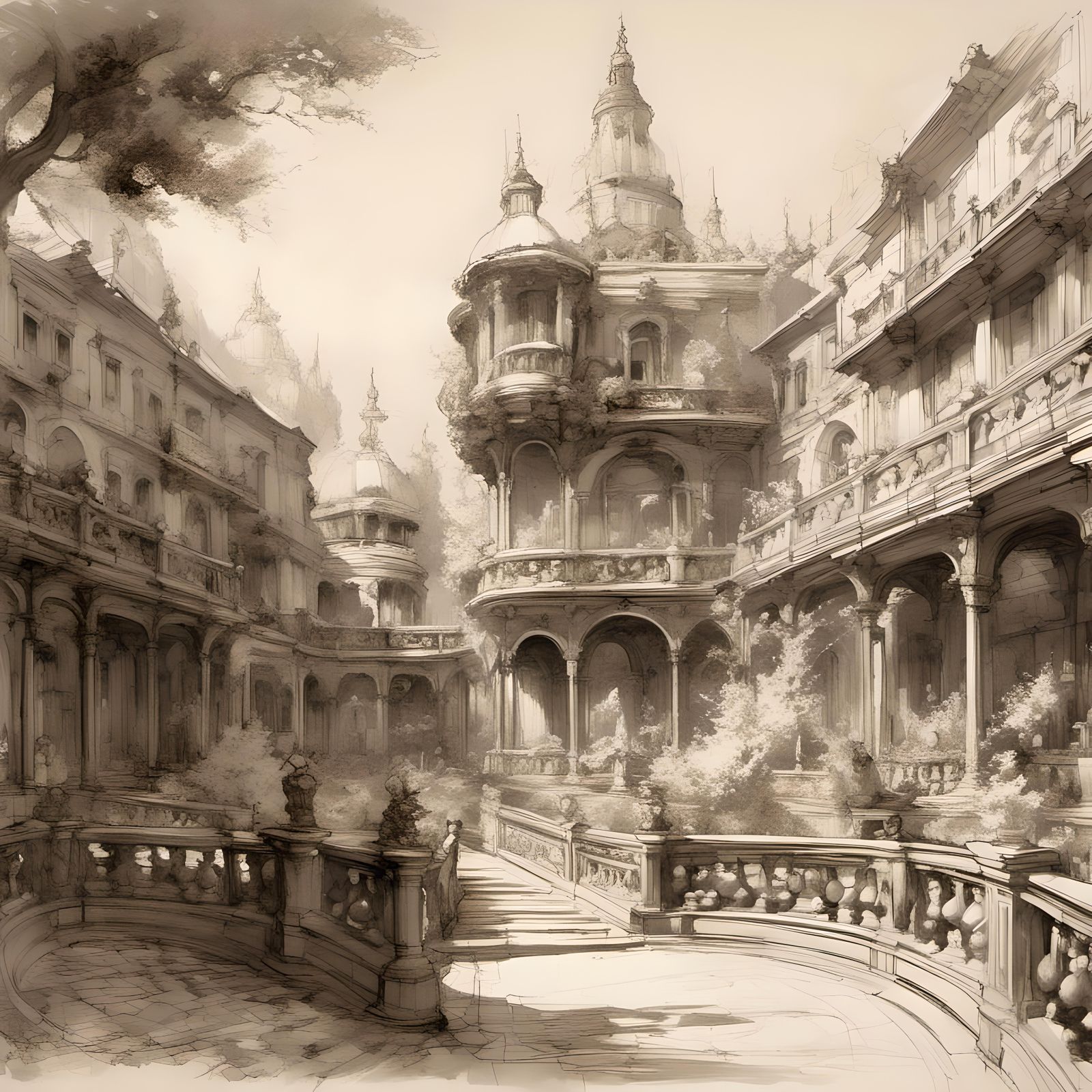 Detailed Architectural Sketch of Alsatian City