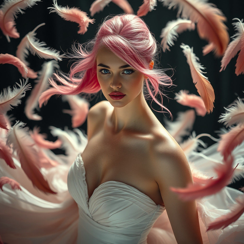 Woman in Ivory Gown Surrounded by Feathers