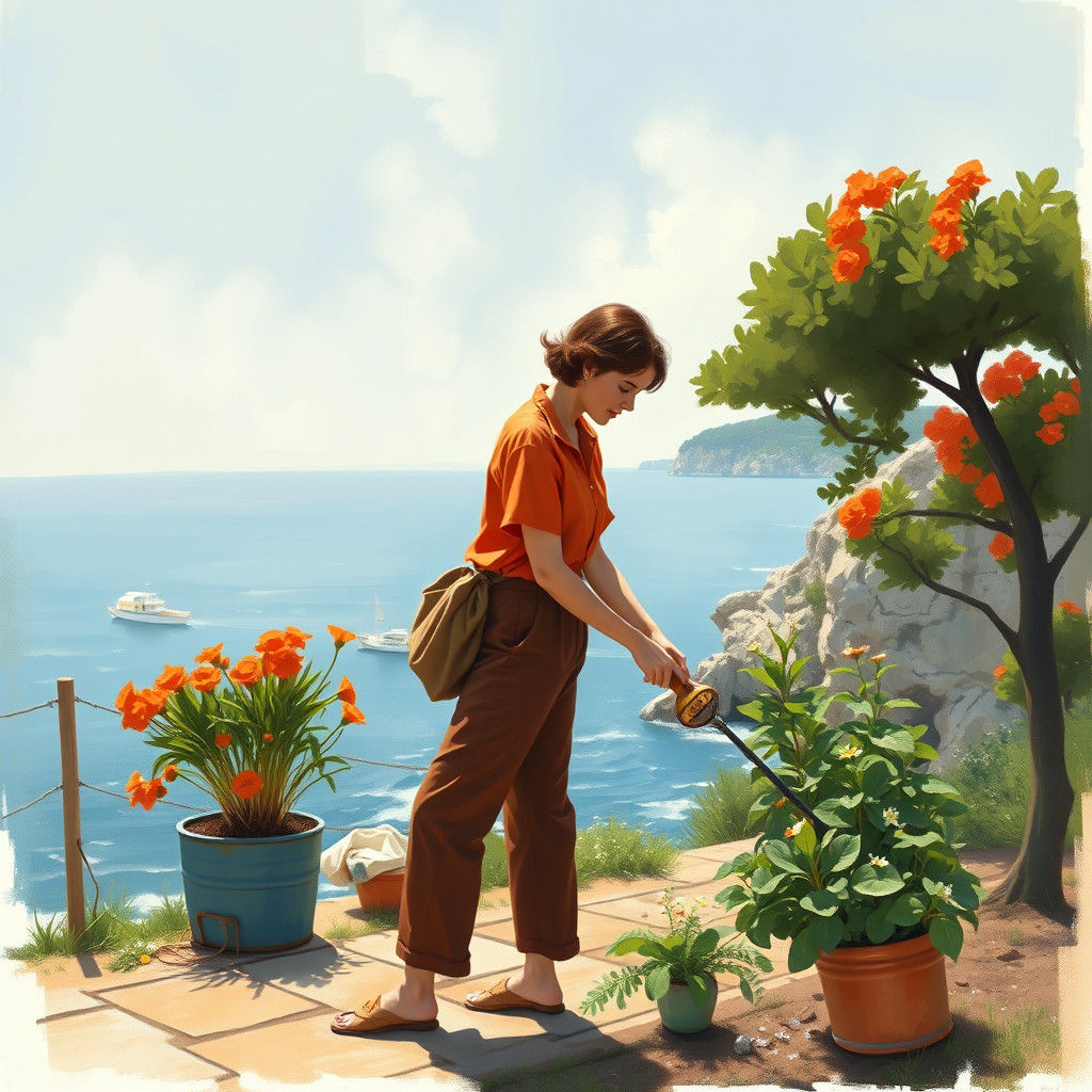 Gouache Style Woman Gardening Near the Mediterranean Sea