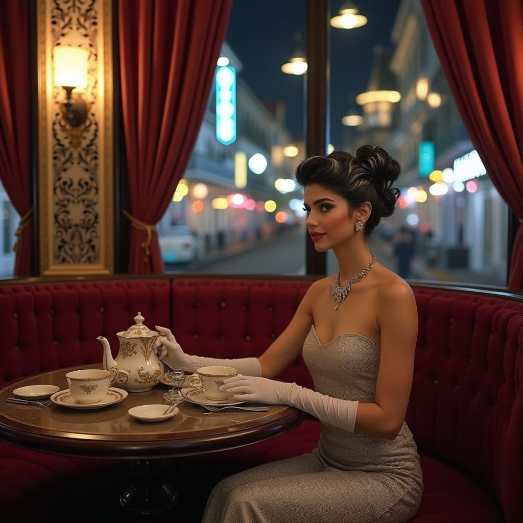 Elegant Woman on Bourbon Street at Night