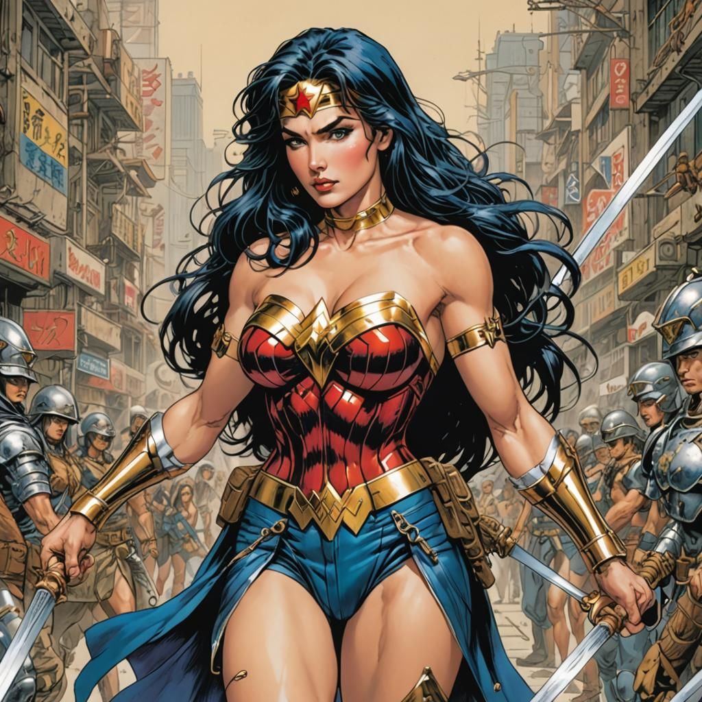 Wonder Woman in Cyberpunk Manga Style