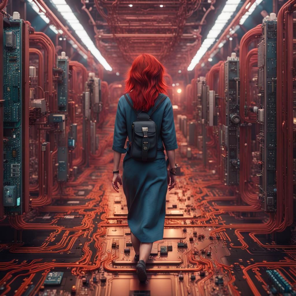 Asian Woman on Transistor Circuit in Hyperrealism