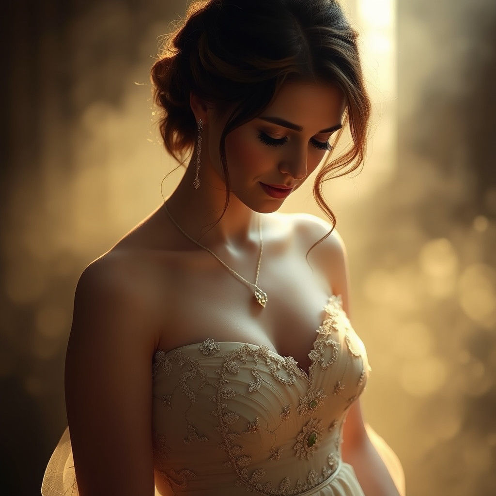 Elegant Woman in Gown: Digital Portrait in Dreamy Mist