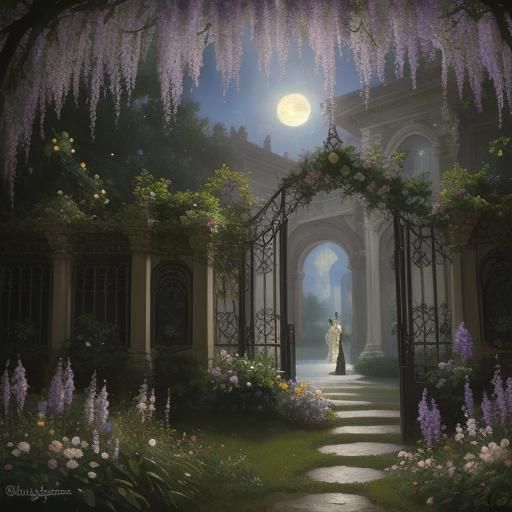 Woman Hidden Behind Rococo Gate with Flowers