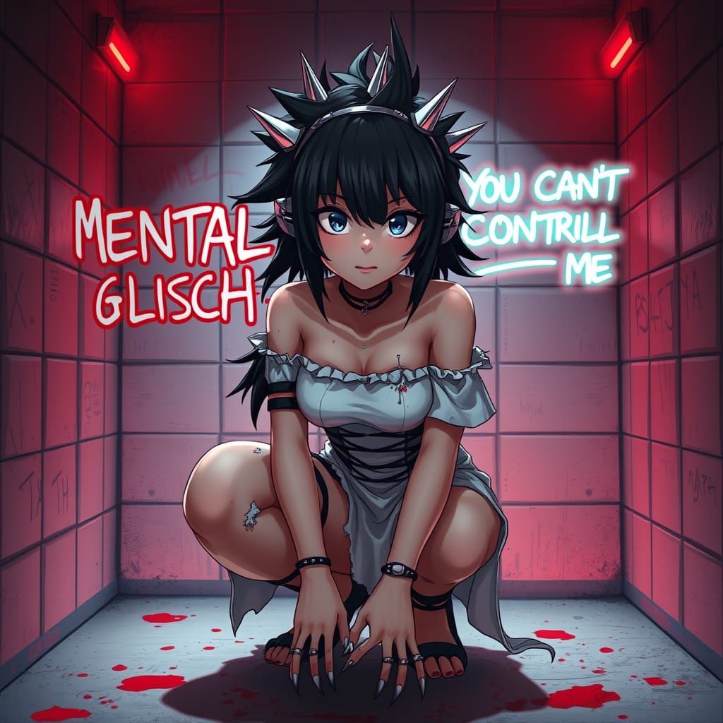 Anime Girl in Asylum Cell with Glitch Effects