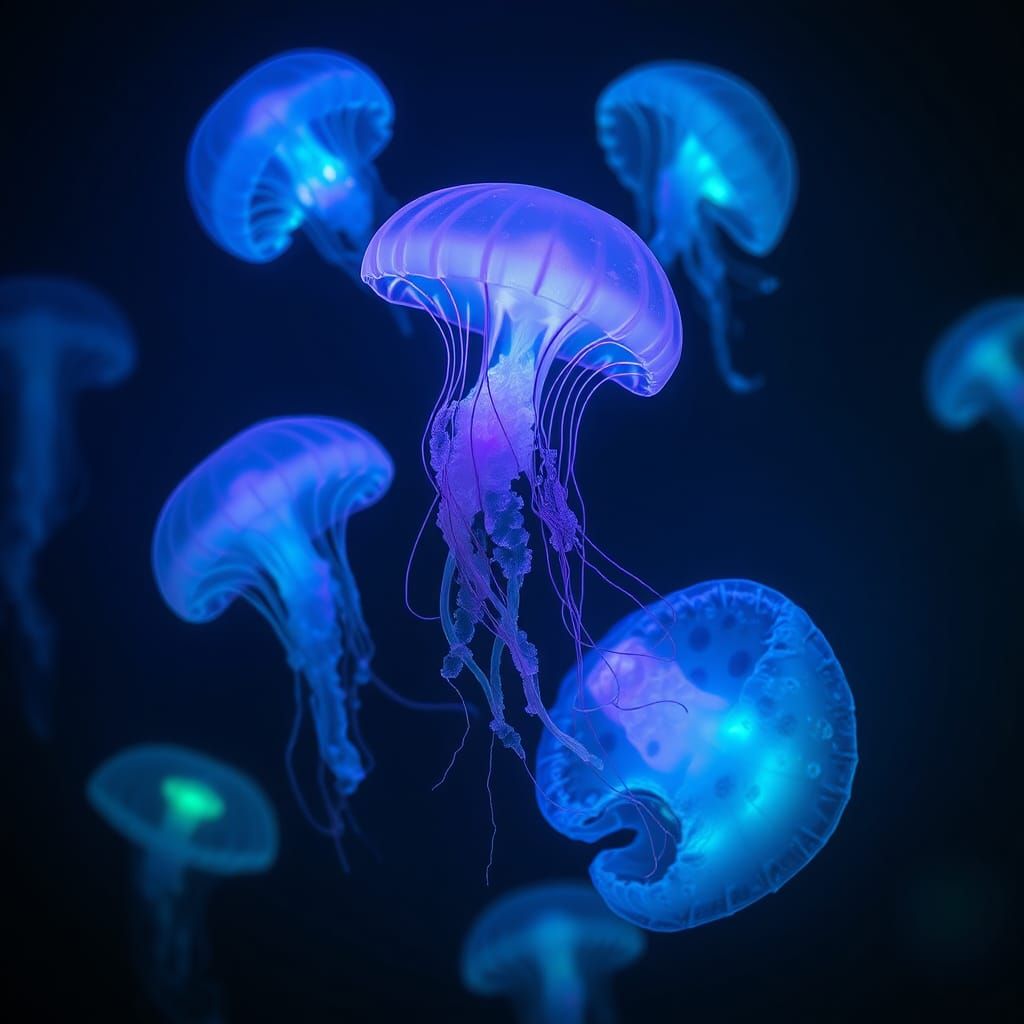 Bioluminescent Jellyfish in Dreamlike Ocean