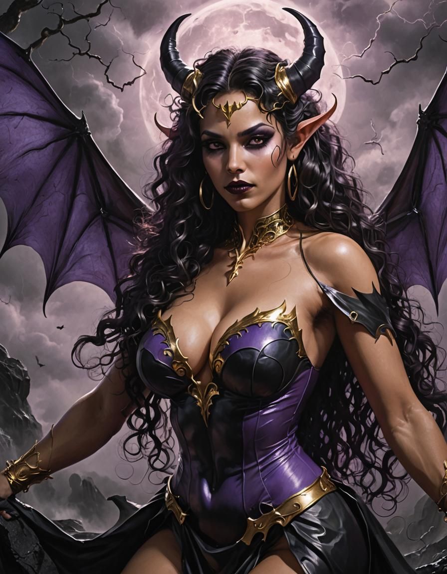 Voluptuous Latina Demoness Ascending in Stormy Gothic Art