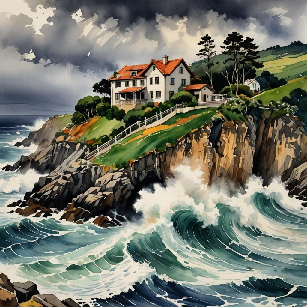 Cliffside Cottage Engulfed by Storm Waves in Expressionism