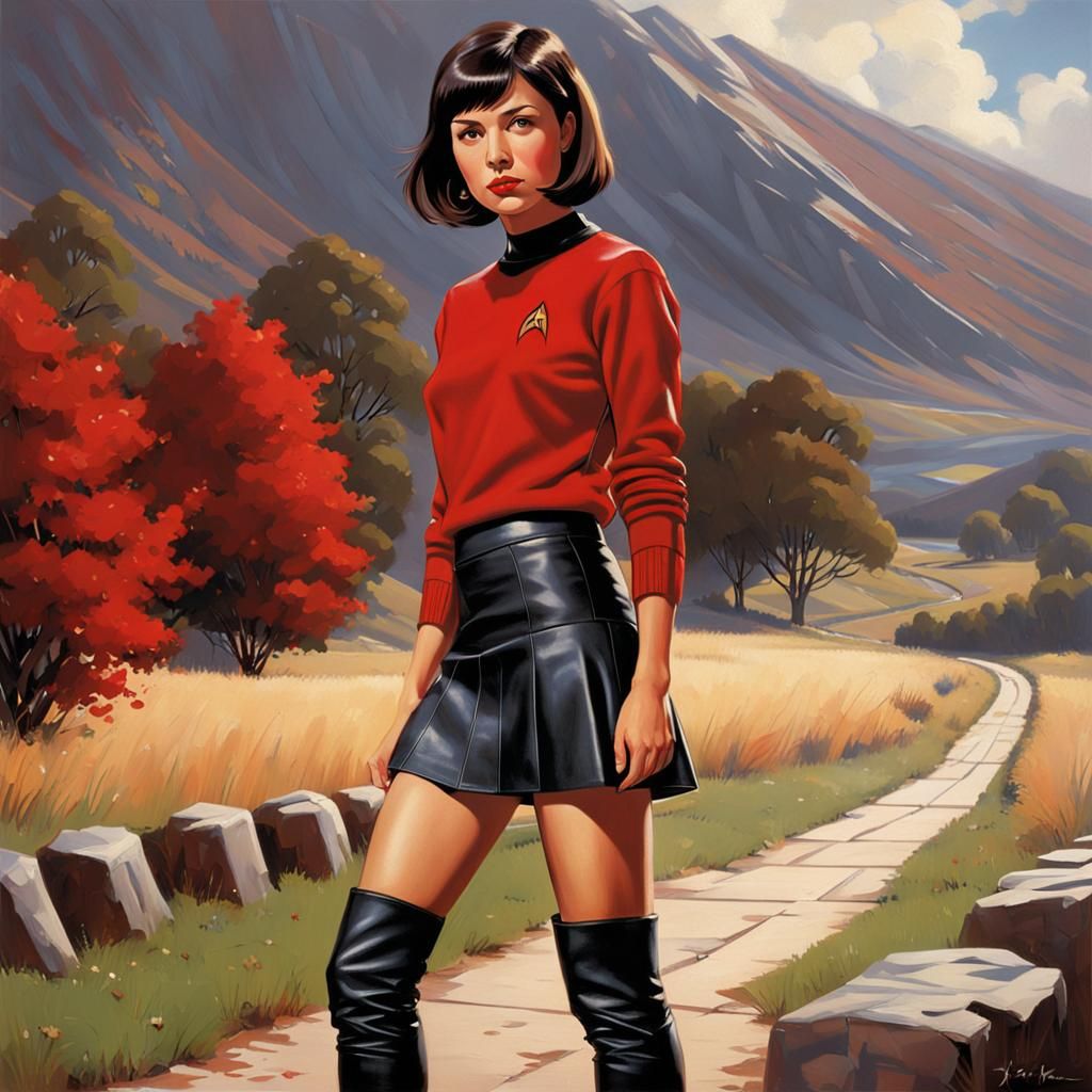 Brunette in Red Sweater and Miniskirt