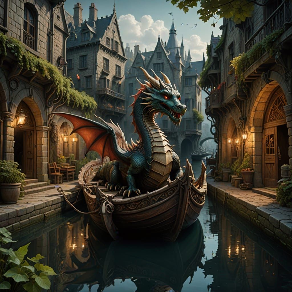 Dragon on a Canal Boat in a Neo-Impressionist Style