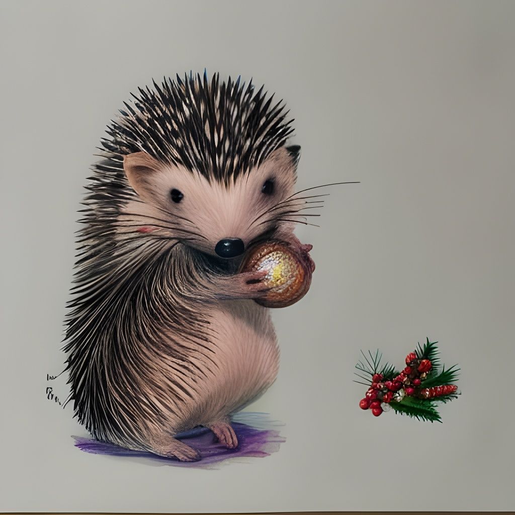 Hedgehog with Christmas Gift in Alcohol Ink Style