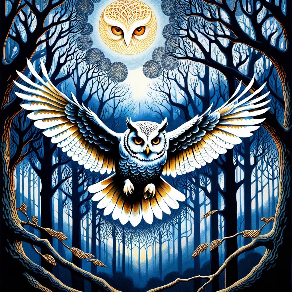 Silkscreen painting, white owl flying
