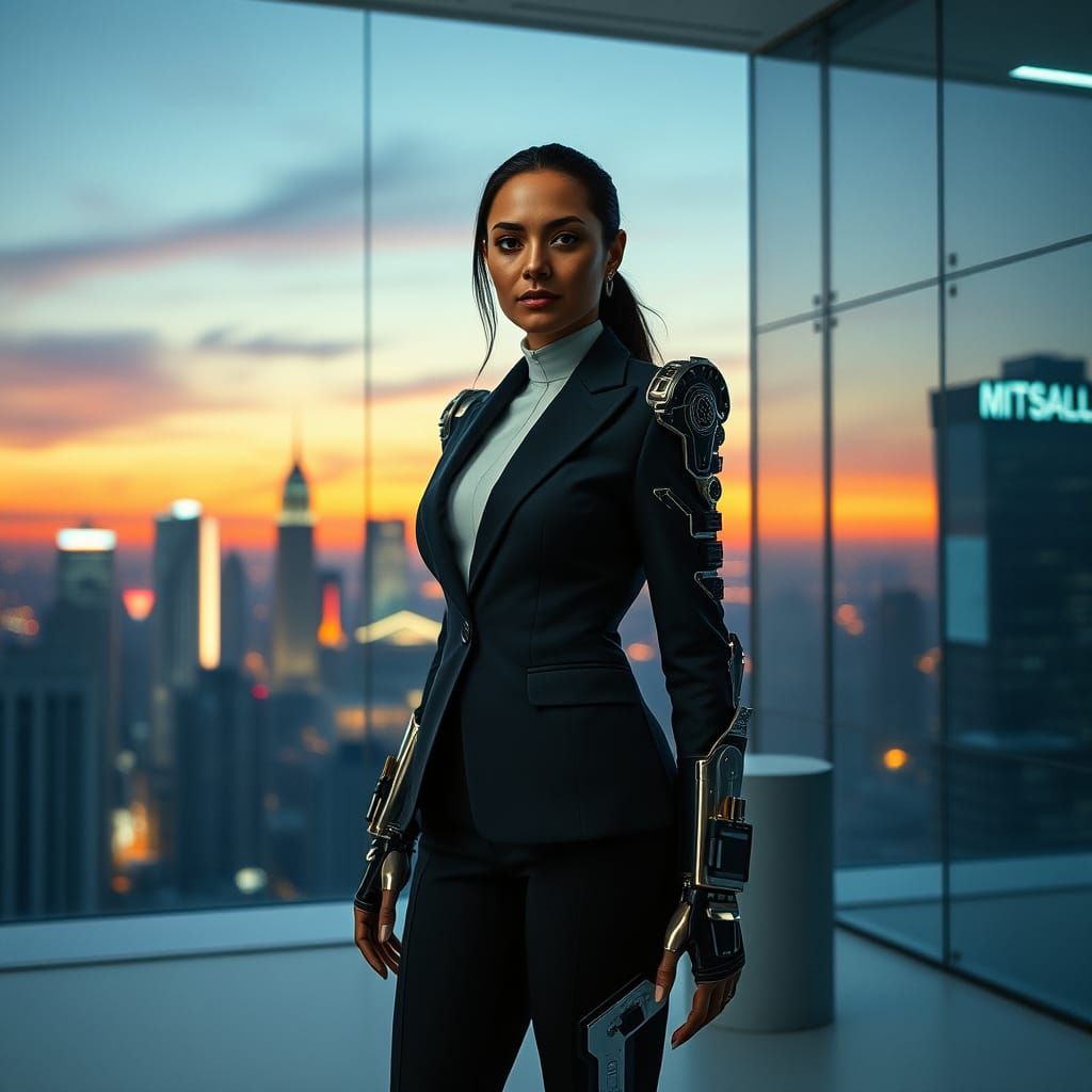 Latina CEO in Cyberpunk Cityscape with Holographic Data