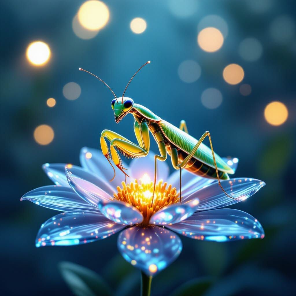 Glass Mantis on Crystal Flower in Ethereal Forest