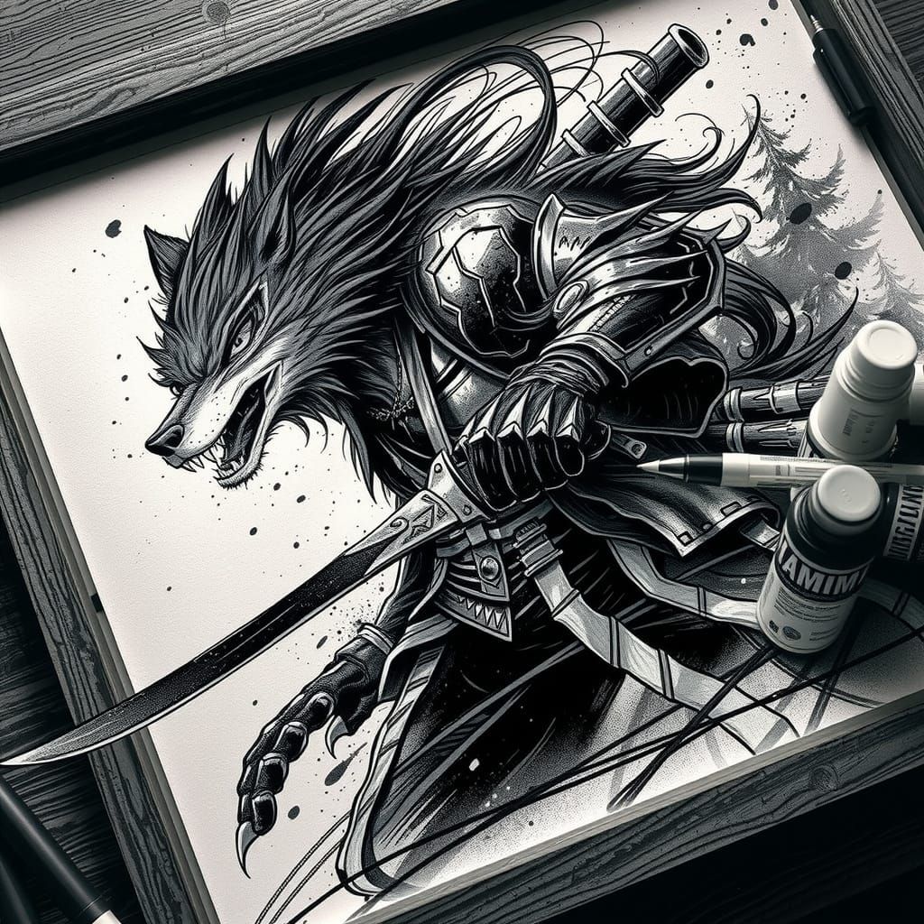 Wolf Warrior Sword Ink Drawing in Manga Style