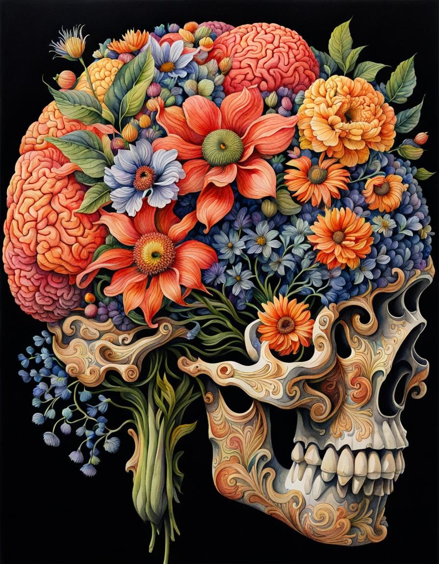 Floral Brain Watercolor with Volumetric Lighting