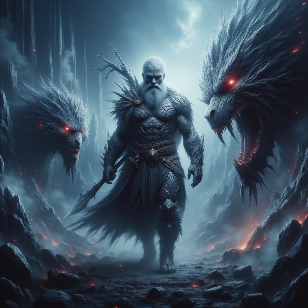 Viking Warrior Battles Monsters in Eerie Landscape