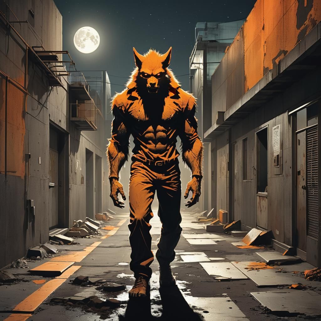 Werewolf Transformation in Gritty Alley Under Sodium Lights