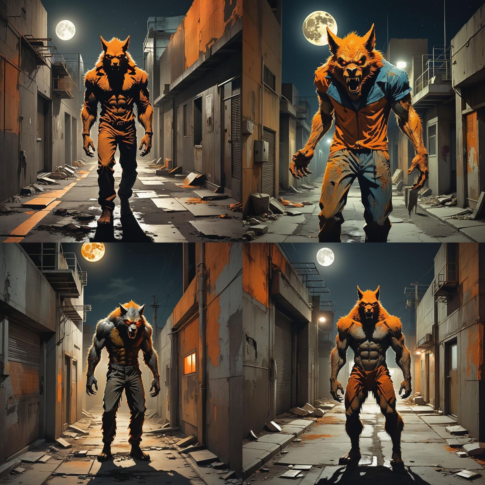 Werewolf Transformation in Brutalist Alley: Digital Art
