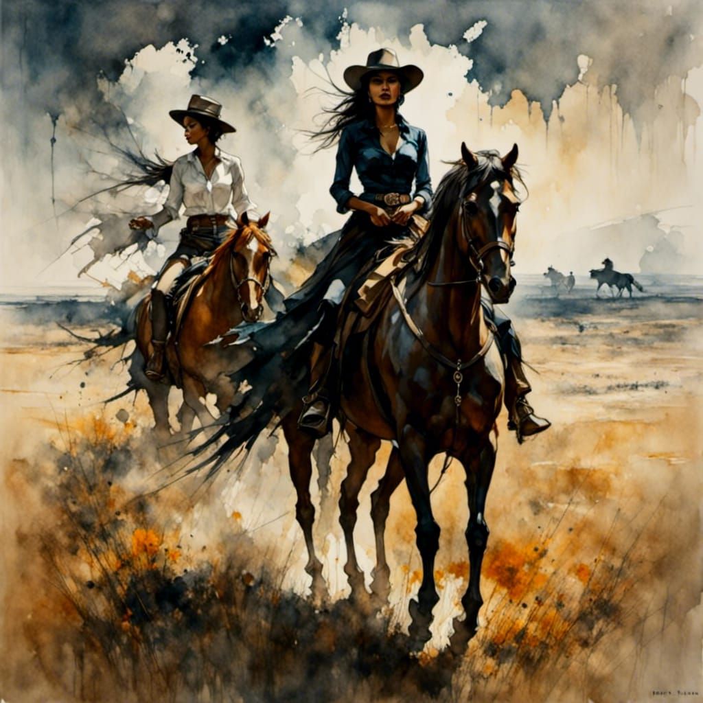 Cowgirl Leads Horses on Windy Prairie Day