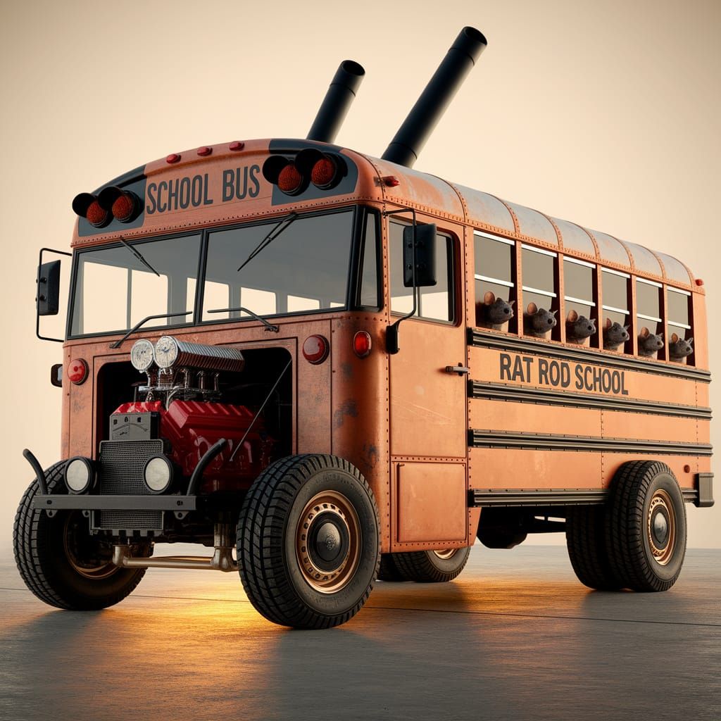 Rat Rod School Bus with V8 Engine and Rat Passengers