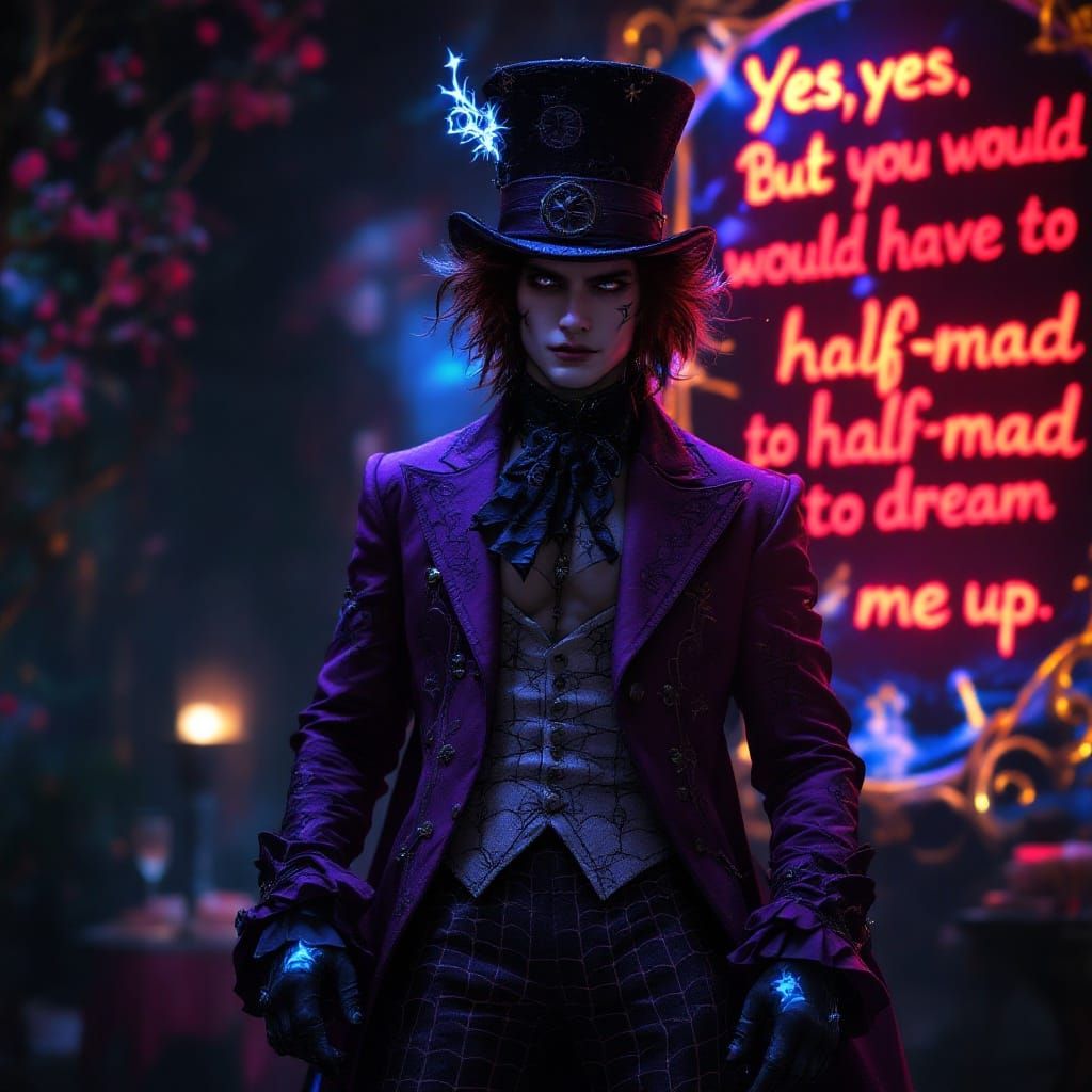 Ethereal Mad Hatter in Violet Suit, Gazing with Mystic Confi...
