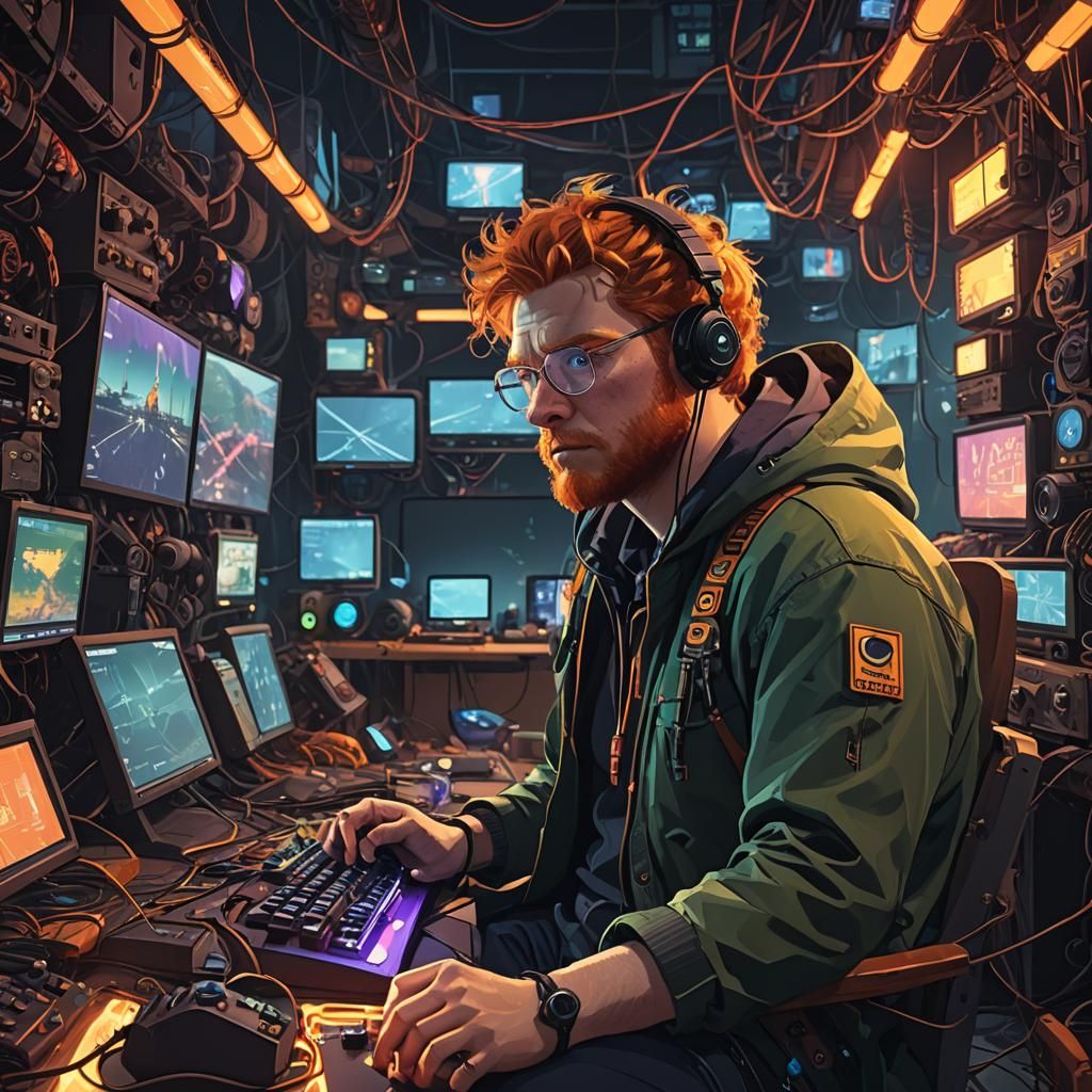Ginger Gaming Enthusiast Surrounded by High-Tech Wonder