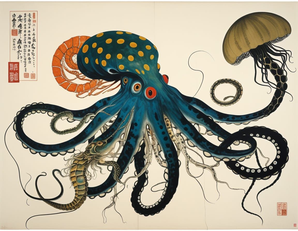 Surreal Mutant Creature Attack in Japanese Art Style