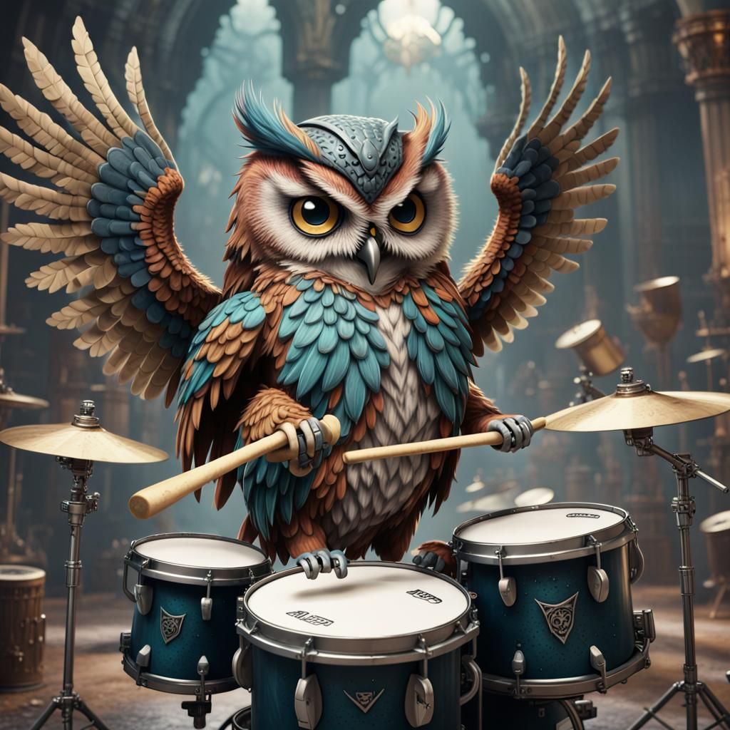 Punk Rock Owl Drummer: Detailed Fantasy Art