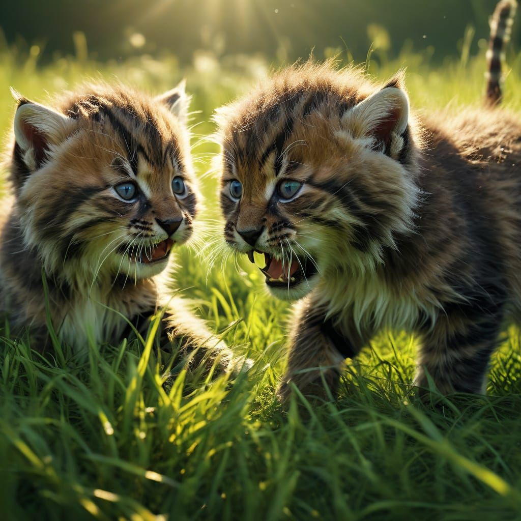 Saber-Toothed Kittens Play in Grassy Field