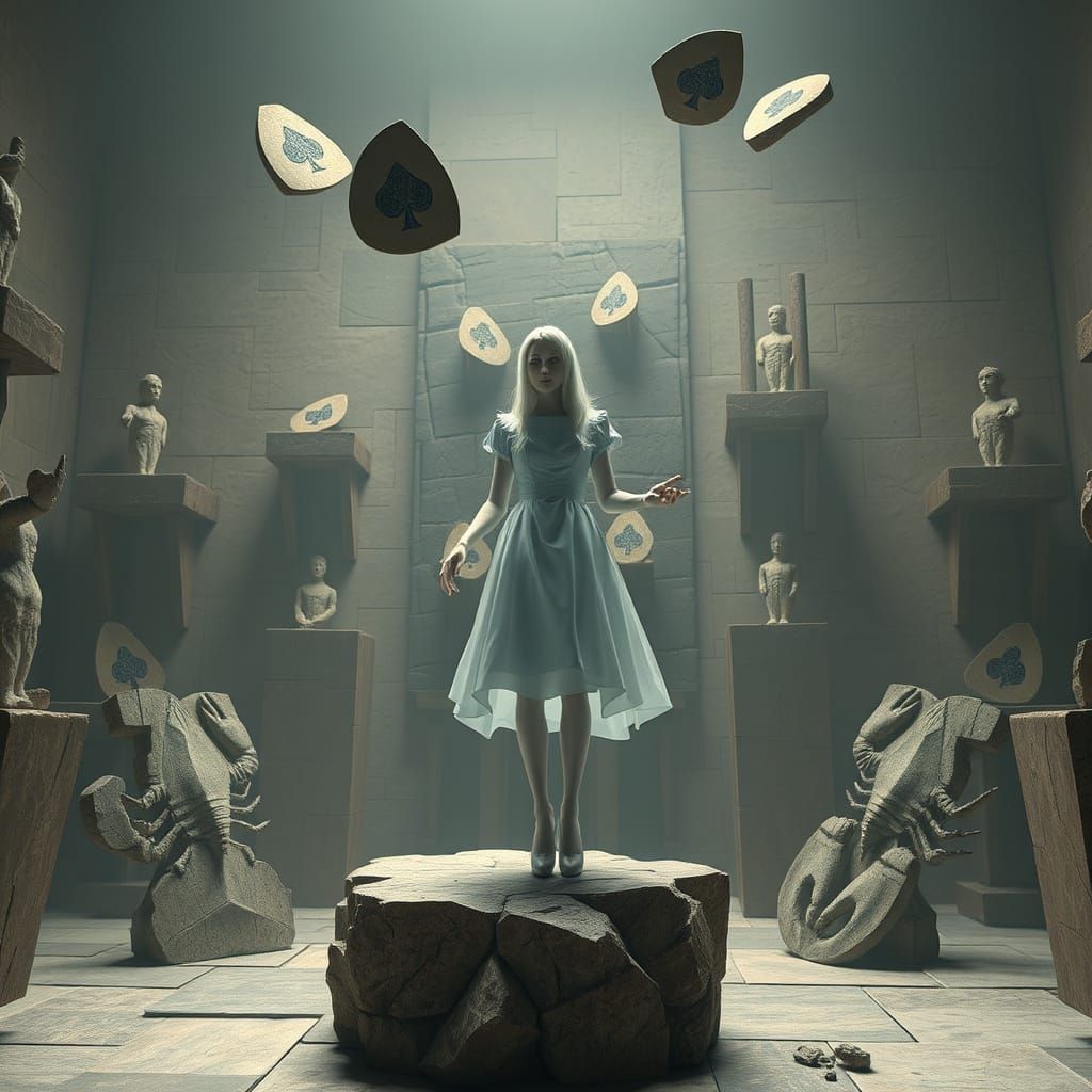 Surreal Card Castle Scene with Ethereal Alice