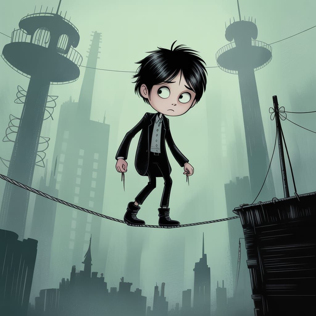 Emo Goth Cartoon Tightrope Walker in Sfumato Style