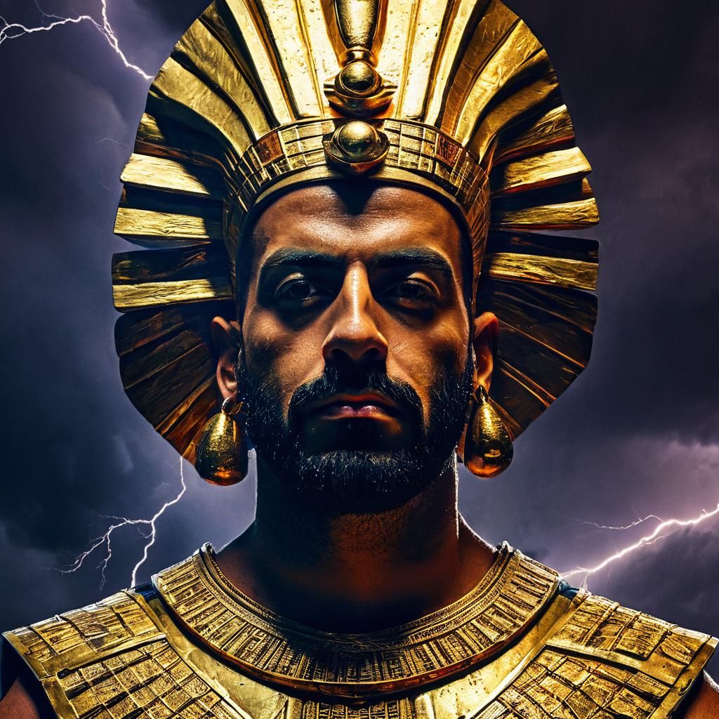 Pharaoh Portrait in Lunar Storm, Expressionist Metallic Styl...