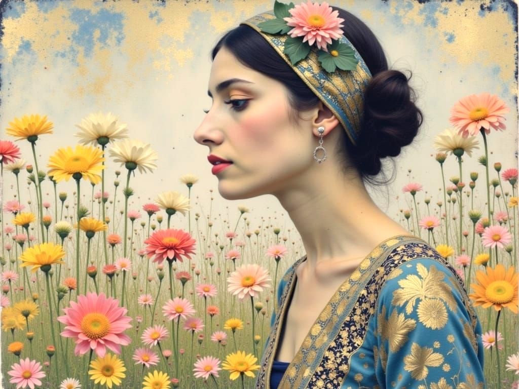 Woman with Floral Background in Klimt Style