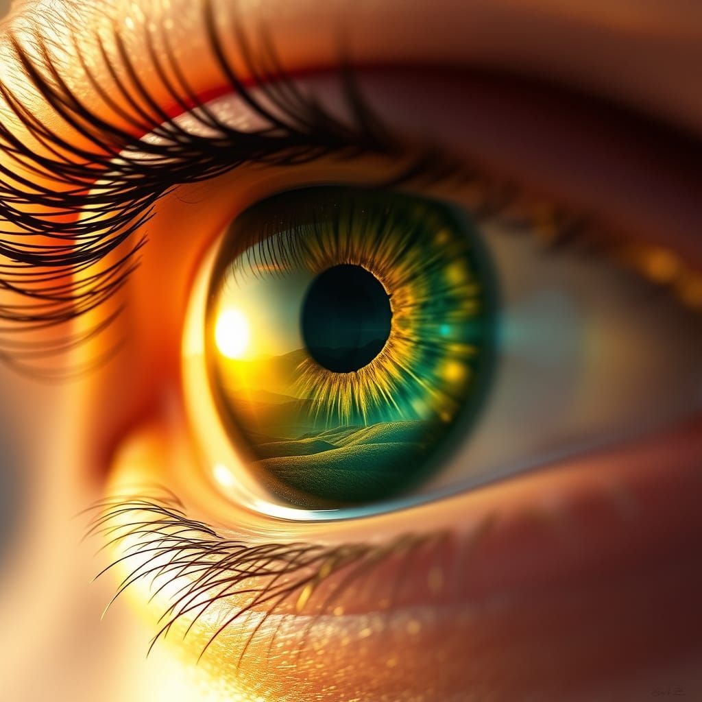 Human Eye Reflecting Sunset Landscape in Digital Painting St...