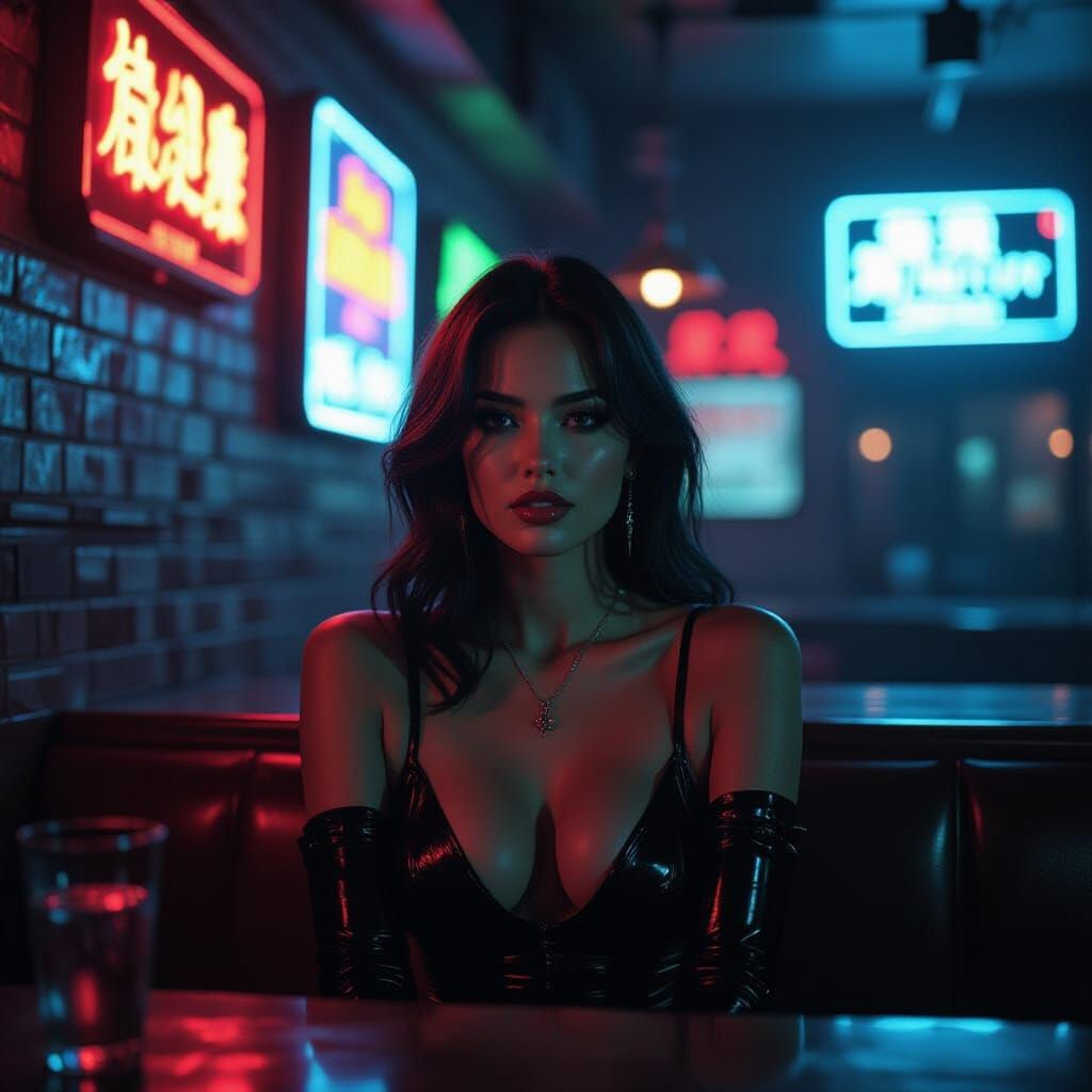 Cyberpunk Woman in Dimly Lit Bar