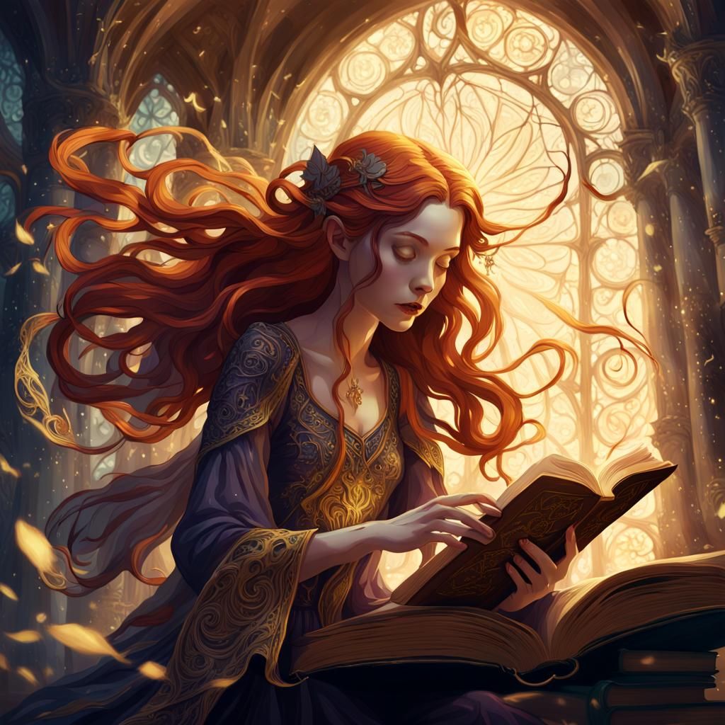 Red-Haired Fairy Climbing Ancient Book, Art Nouveau