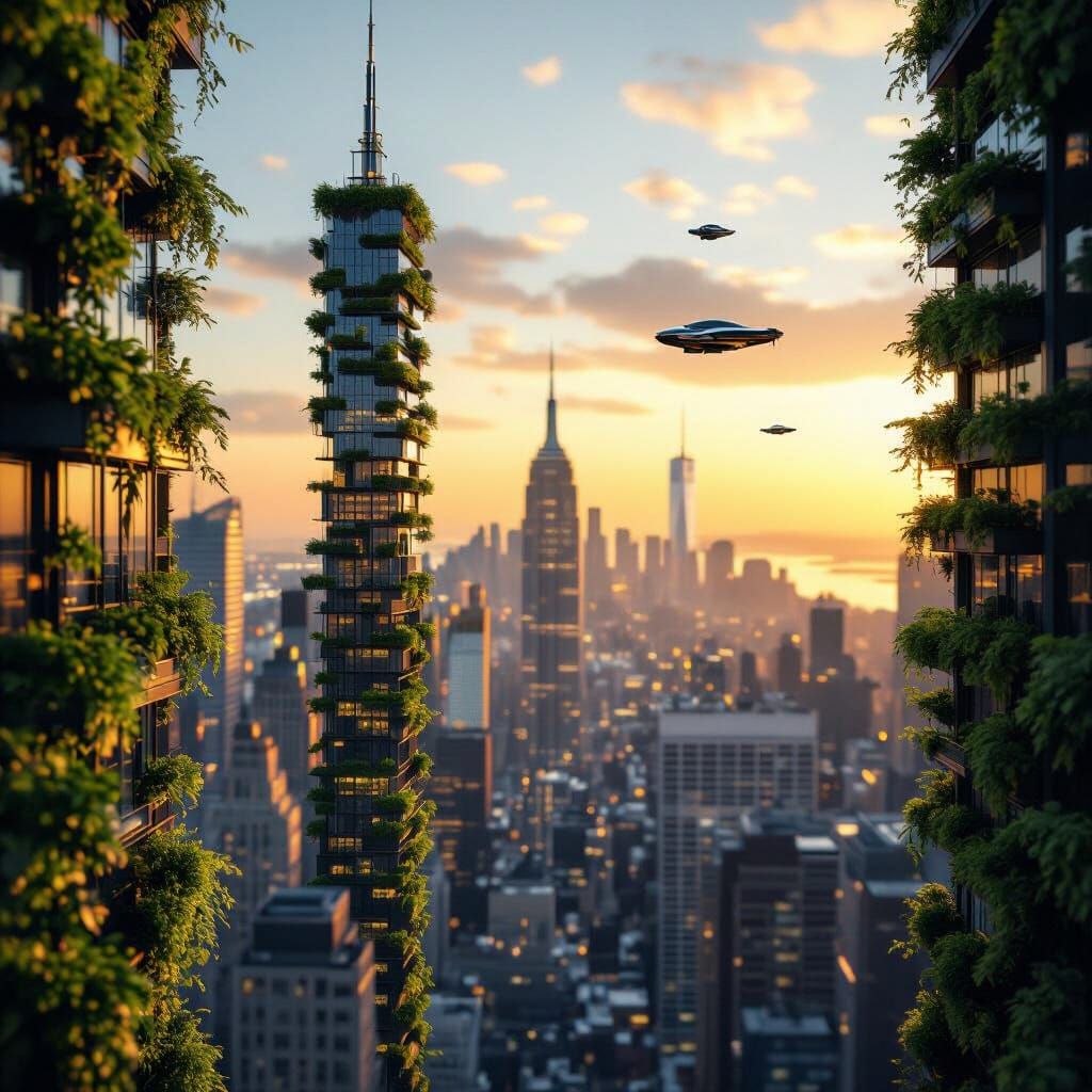 New York City Skyline in 2050 with Flying Cars