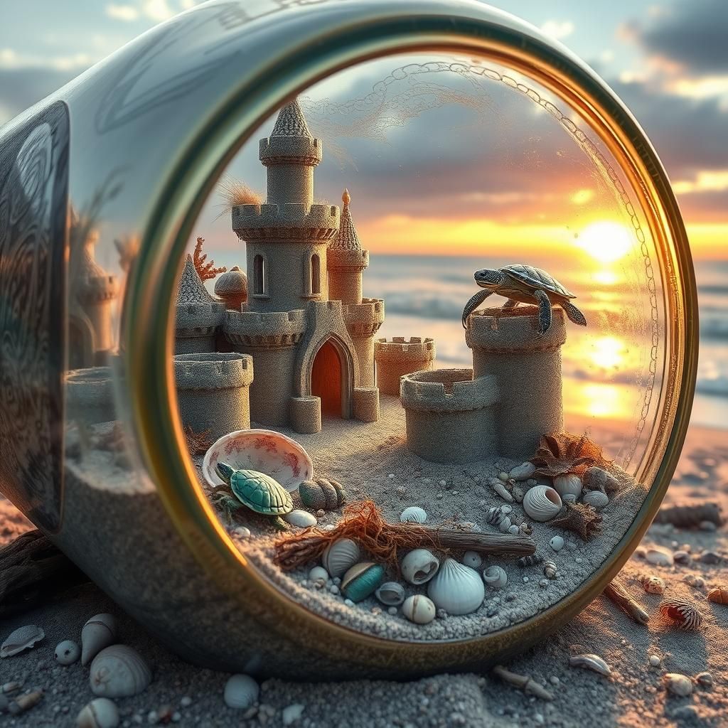 Intricate Sandcastle in a Bottle: Hyperrealistic Beach Scene