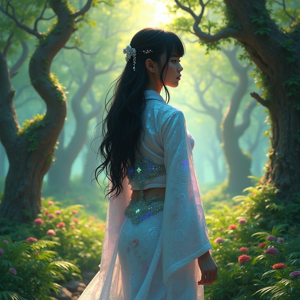 Serene Forest Goddess in Iridescent Kimono