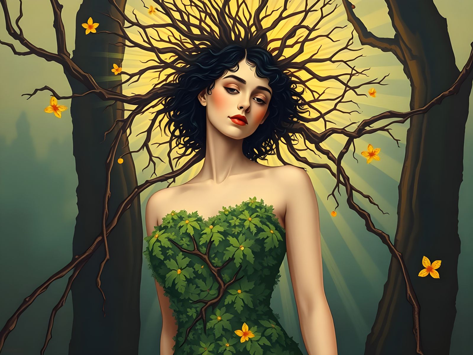 Woman Unites with Whimsical Forest in Art Nouveau Style