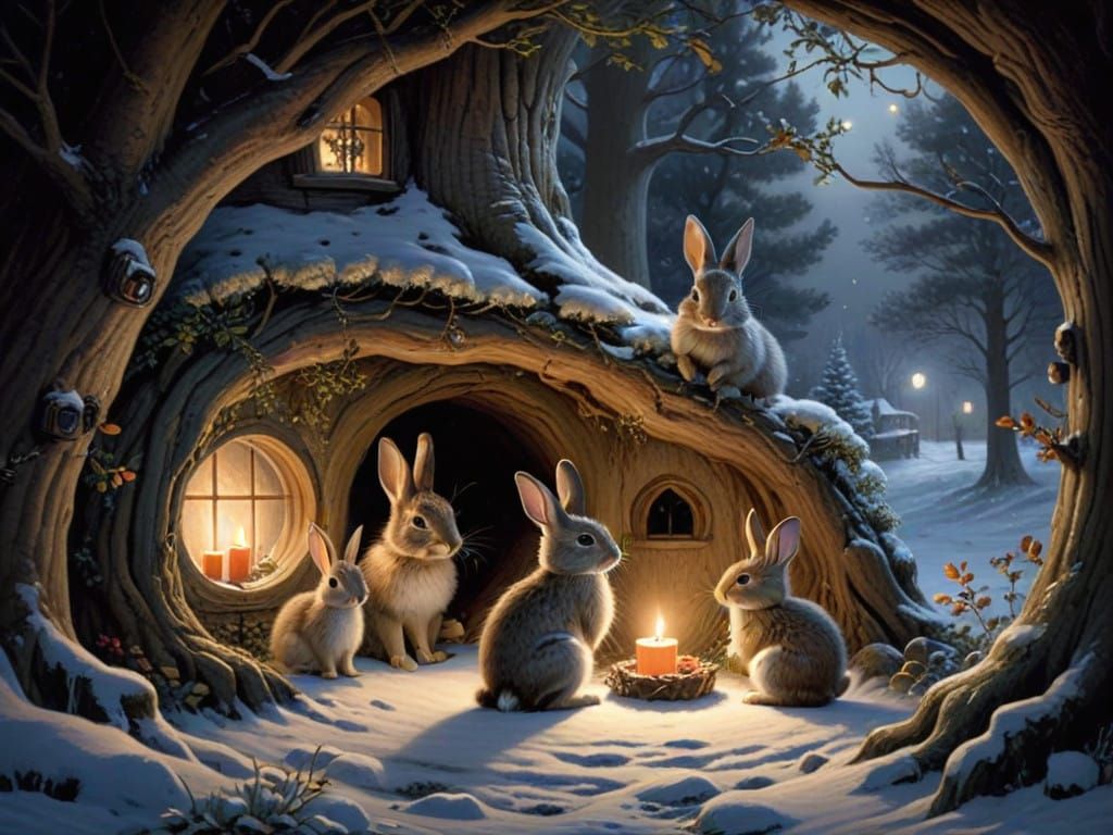 Rabbits in a Cozy Hollow Tree Home at Christmas