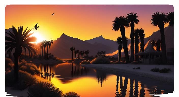 Desert Oasis Sunset with Palm Trees