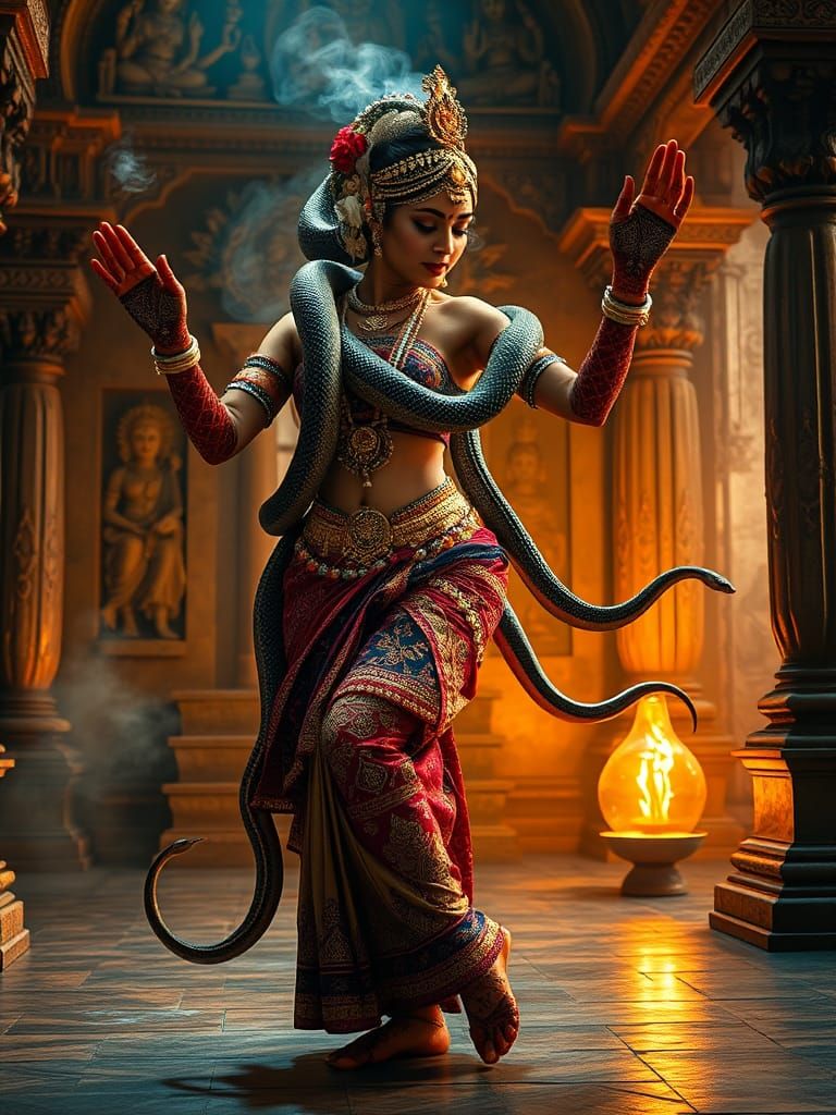 Exotic Indian Dancer with Cobras in Ancient Temple